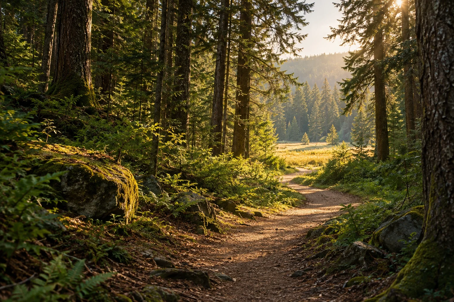 A sunlit path leading through a deep green forest toward a clearing